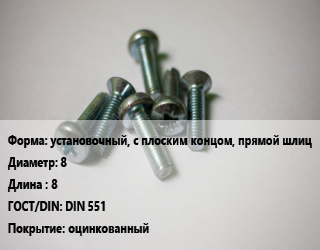 Винт установочный, с плоским концом, прямой шлиц 8х8 DIN 551 оцинкованный, кг цена от 10.8 Тг / кг, где купить, условия доставки в Актау и Мангистауской области